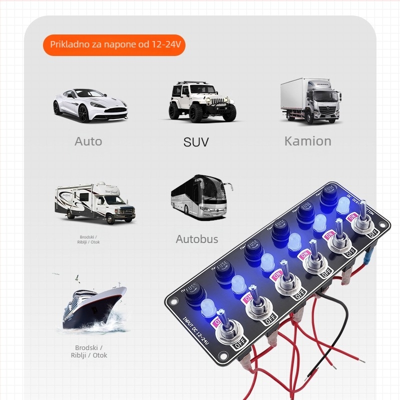 Youliang panel od 12-24V s 6 prekidača i 10A osiguračem, materijal staklena vlakna, model 6BG-6ST-2
