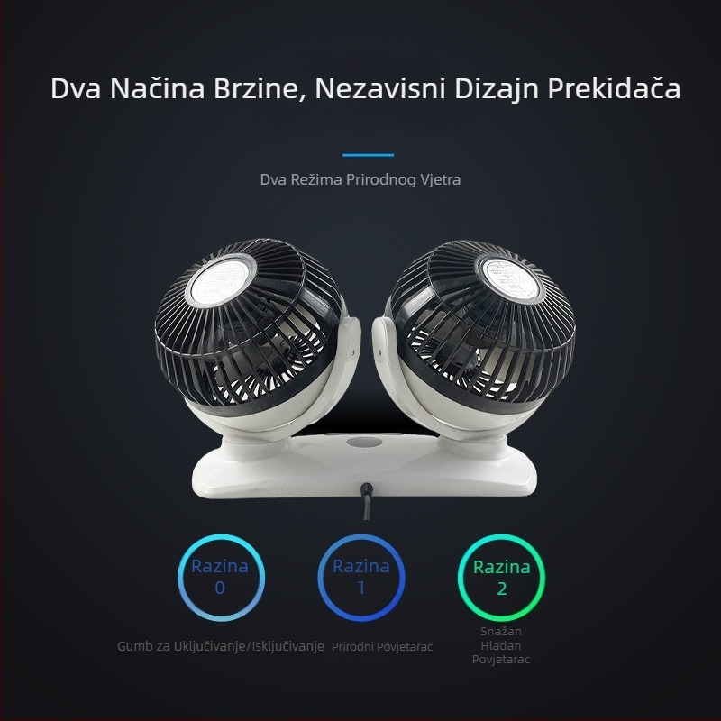 Automobilski ventilator s dvostrukim LED zaslonom, USB punjenje, 12/24V univerzalno, dvostruka kontrola