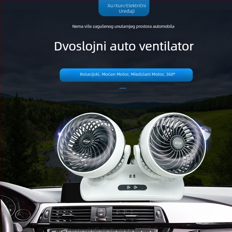 Automobilski ventilator s dvostrukim LED zaslonom, USB punjenje, 12/24V univerzalno, dvostruka kontrola
