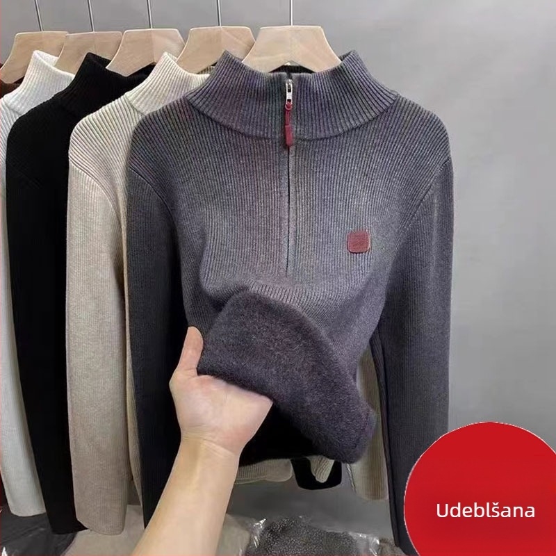 Ženski pleteni džemper sa zipom i polo ovratnikom, udoban kroj, srednja debljina