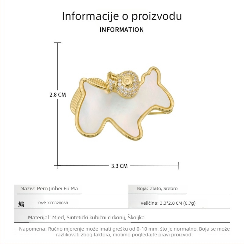 Bros ponija s motivom sreće i torbom bogatstva, bakarno legura s pravim zlatnim premazom i cirkonima