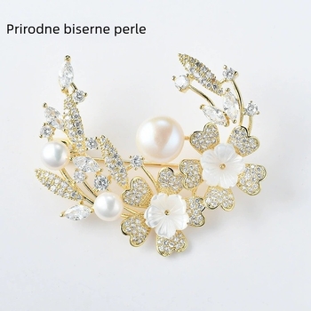 Broš u obliku cvijeta od bakra s pozlaćenim umjetnim kamenjem i perlovom ugradnjom; unisex, jednostavan stil