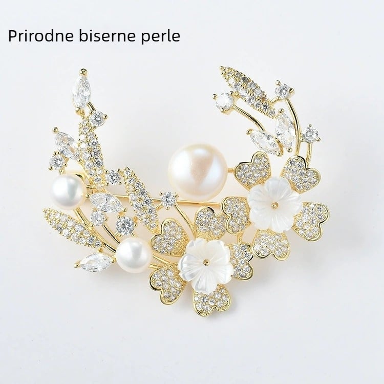Broš u obliku cvijeta od bakra s pozlaćenim umjetnim kamenjem i perlovom ugradnjom; unisex, jednostavan stil