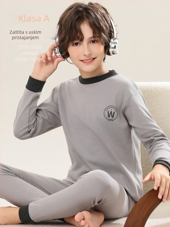 Dječji komplet pidžama od 100% pamuka – gornji dio s okruglim izrezom i hlače, prugasti ili jednobojan uzorak, održava toplinu, proljeće i jesen zima