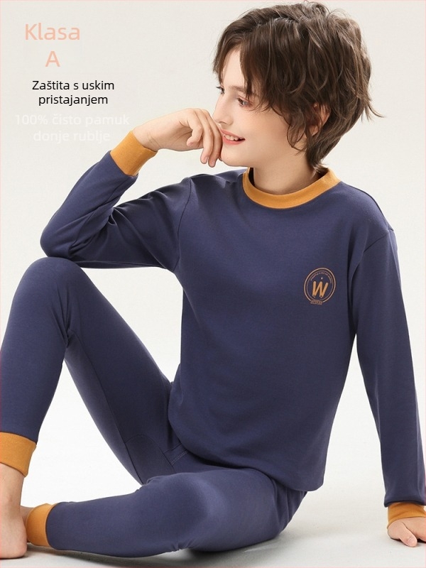 Dječji komplet pidžama od 100% pamuka – gornji dio s okruglim izrezom i hlače, prugasti ili jednobojan uzorak, održava toplinu, proljeće i jesen zima