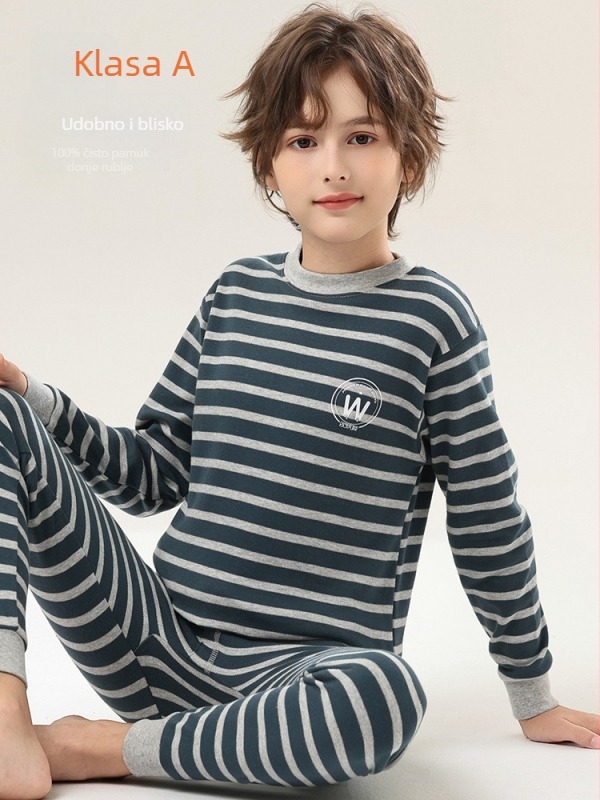 Dječji komplet pidžama od 100% pamuka – gornji dio s okruglim izrezom i hlače, prugasti ili jednobojan uzorak, održava toplinu, proljeće i jesen zima