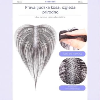 Perika s Velcro pramenom — bez iglica, jedan flaster skriva šavove i dodaje volumen; ručno pletena, prirodna kosa, mrežasta donja stranica 2.5×10 cm za ljetni model