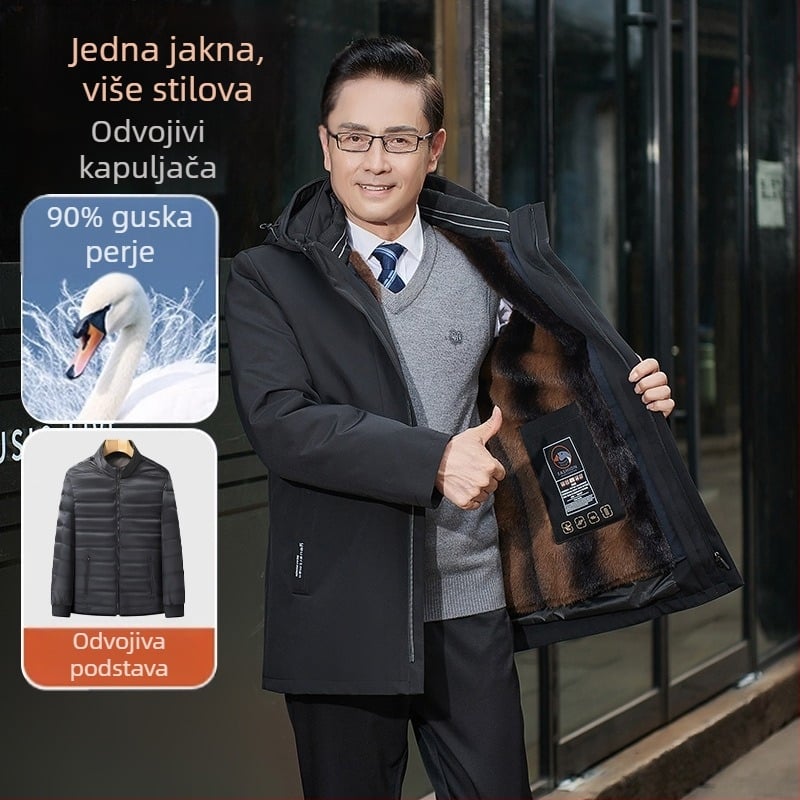 Jakna od gusjeg perja s odvojivom sloja – vanjski materijal akril, ekstra debeli 501–600 g/m², toplinska podstava, zadržava toplinu