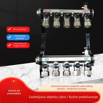 Distribuir za podno grijanje s kromiranim premazom i visokim protokom, integrirani dizajn, montaža na nosač, spojnice 16–20 mm, radna temperatura 0–120 °C