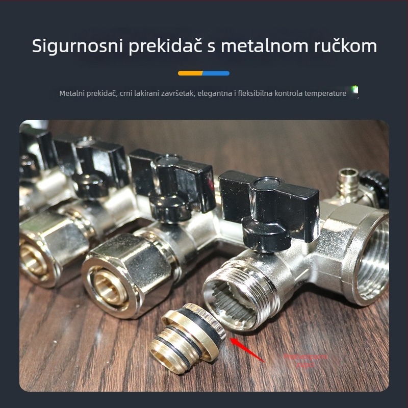 Distribuir za podno grijanje s kromiranim premazom i visokim protokom, integrirani dizajn, montaža na nosač, spojnice 16–20 mm, radna temperatura 0–120 °C