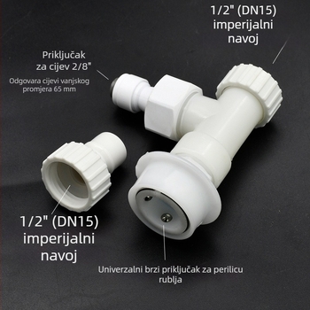 T-spoj vodovodnim priključkom s dvostrukim adapterom, plastični, mat završna obrada, brzi spoj, promjer bočnog cijevi 15 mm