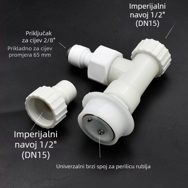T-spoj vodovodnim priključkom s dvostrukim adapterom, plastični, mat završna obrada, brzi spoj, promjer bočnog cijevi 15 mm