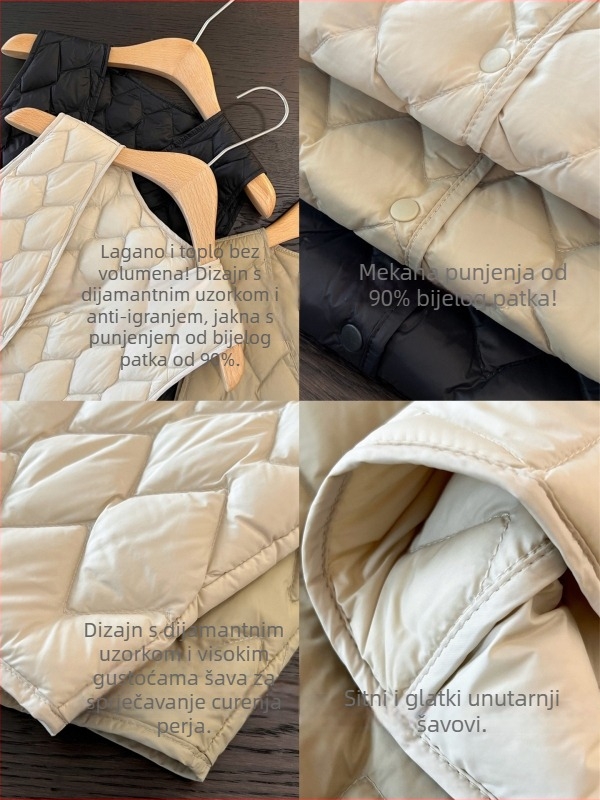 Dijamantno šivana lagana perjasta vest, kratka duljina, najlon materijal, punilo bijeli patka, sadržaj perja 85–90%, stojeći ovratnik