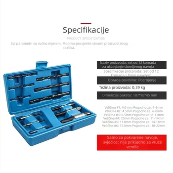 Set ekstraktora za uklanjanje slomljenih vijaka, 12-dijelni, za strojeve, God Super, 0.39 kg