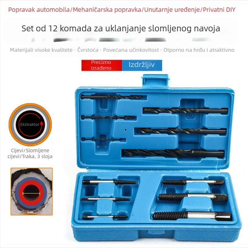 Set ekstraktora za uklanjanje slomljenih vijaka, 12-dijelni, za strojeve, God Super, 0.39 kg