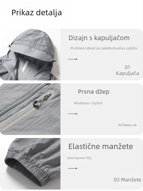 Unisex ljetna vanjska jakna za zaštitu od sunca UPF50+, brzo sušenje, prozračna, otporna na vjetar, odvodi vlagu