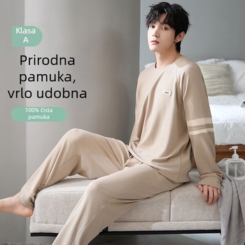 Muški antibakterijski pamučni pidžama set s dugim rukavima i dugim hlačama, 100% pamuk, gusta tkanina 201–250 g/m²