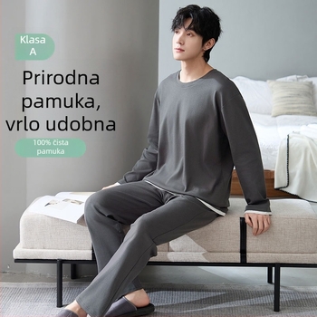 Muški antibakterijski pamučni pidžama set s dugim rukavima i dugim hlačama, 100% pamuk, gusta tkanina 201–250 g/m²