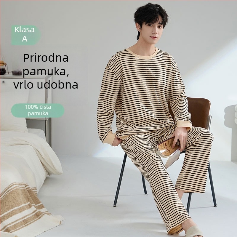 Muški antibakterijski pamučni pidžama set s dugim rukavima i dugim hlačama, 100% pamuk, gusta tkanina 201–250 g/m²