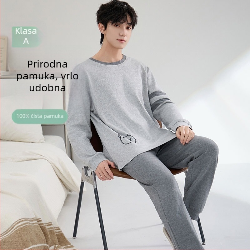 Muški antibakterijski pamučni pidžama set s dugim rukavima i dugim hlačama, 100% pamuk, gusta tkanina 201–250 g/m²
