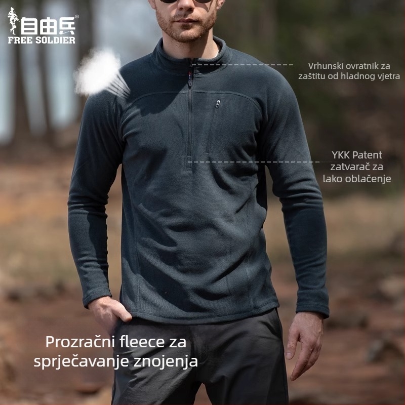 Muška flis jakna s stojećim ovratnikom, pulover stil, polu-zip, bez kapulje, podstava poliester, 100% poliester flis, pogodna za zimu, proljeće i jesen