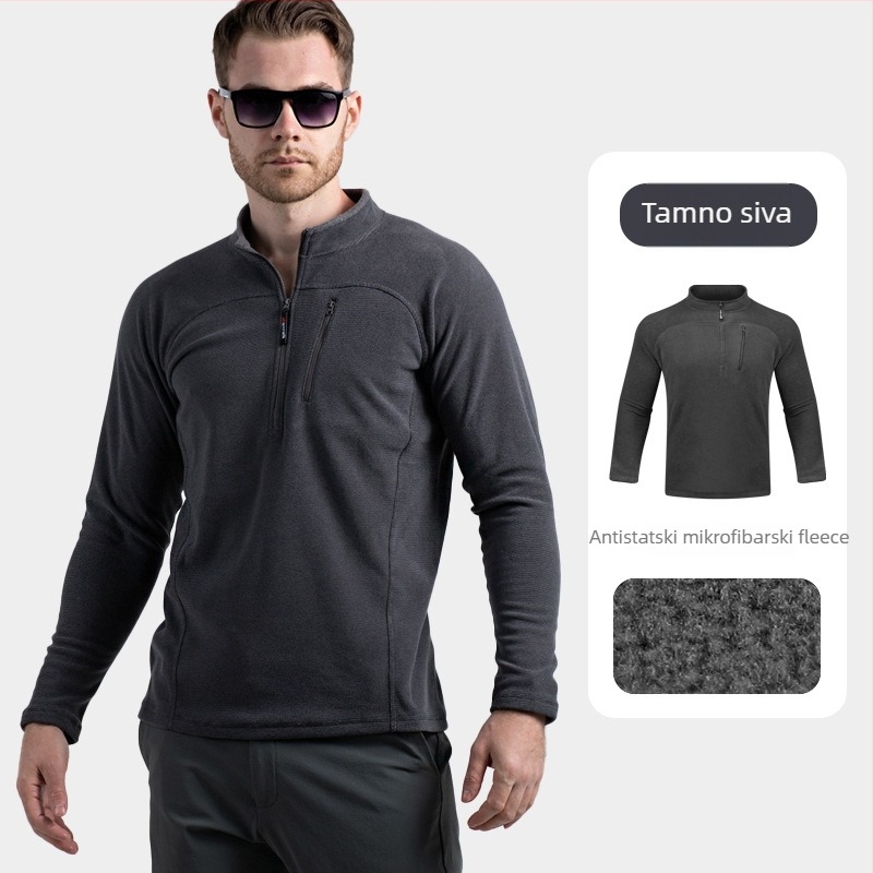 Muška flis jakna s stojećim ovratnikom, pulover stil, polu-zip, bez kapulje, podstava poliester, 100% poliester flis, pogodna za zimu, proljeće i jesen