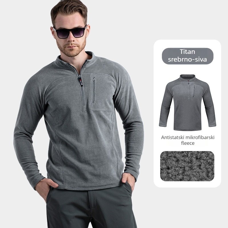 Muška flis jakna s stojećim ovratnikom, pulover stil, polu-zip, bez kapulje, podstava poliester, 100% poliester flis, pogodna za zimu, proljeće i jesen