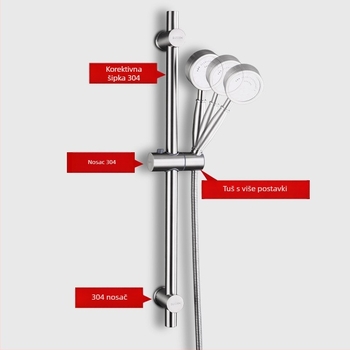 Držač za tuš od nehrđajućeg čelika s podesivom šipkom, navođeni montažni, brušeni završetak, model 0213, 0–90 °C, 1.6 MPa