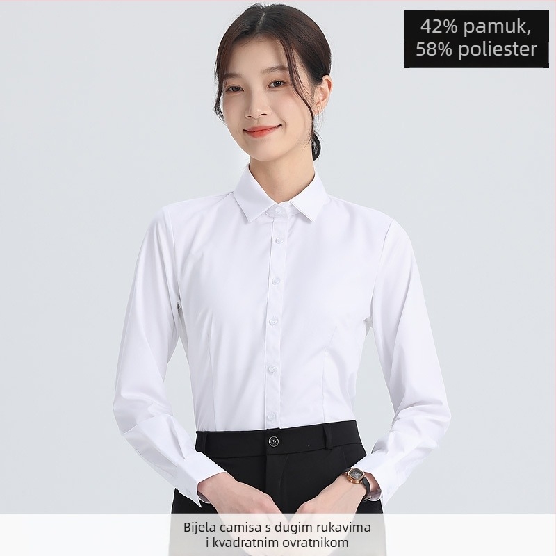 Košulja – dugi rukavi, uredski stil, pamuk-poliester smeša (30–50% pamuka, 50–70% poliester), kvadratni ovratnik, zatvaranje na jedan red kopči, standardna duljina 50–65 cm