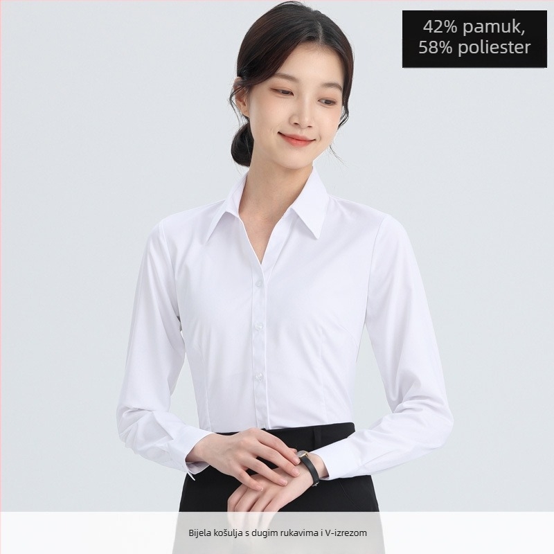 Košulja – dugi rukavi, uredski stil, pamuk-poliester smeša (30–50% pamuka, 50–70% poliester), kvadratni ovratnik, zatvaranje na jedan red kopči, standardna duljina 50–65 cm