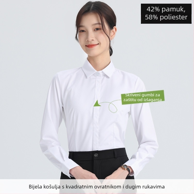 Košulja – dugi rukavi, uredski stil, pamuk-poliester smeša (30–50% pamuka, 50–70% poliester), kvadratni ovratnik, zatvaranje na jedan red kopči, standardna duljina 50–65 cm