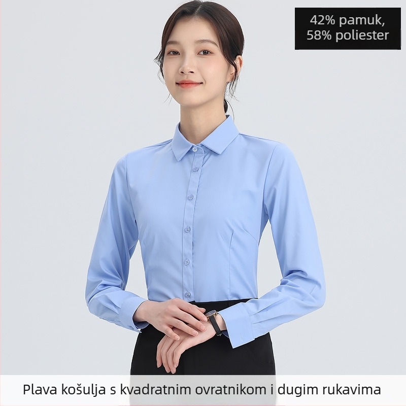 Košulja – dugi rukavi, uredski stil, pamuk-poliester smeša (30–50% pamuka, 50–70% poliester), kvadratni ovratnik, zatvaranje na jedan red kopči, standardna duljina 50–65 cm