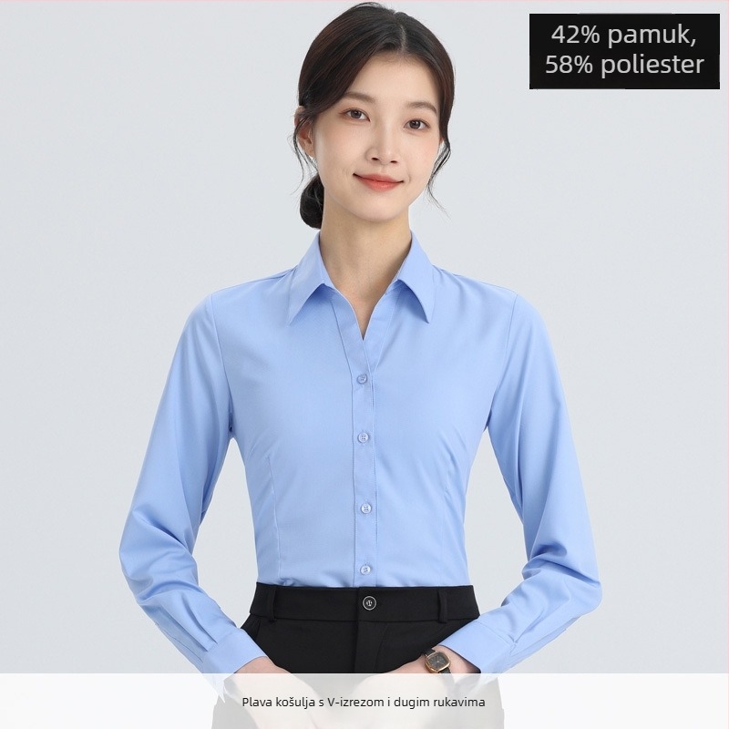 Košulja – dugi rukavi, uredski stil, pamuk-poliester smeša (30–50% pamuka, 50–70% poliester), kvadratni ovratnik, zatvaranje na jedan red kopči, standardna duljina 50–65 cm