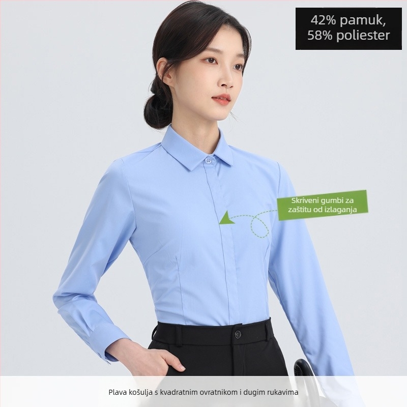 Košulja – dugi rukavi, uredski stil, pamuk-poliester smeša (30–50% pamuka, 50–70% poliester), kvadratni ovratnik, zatvaranje na jedan red kopči, standardna duljina 50–65 cm