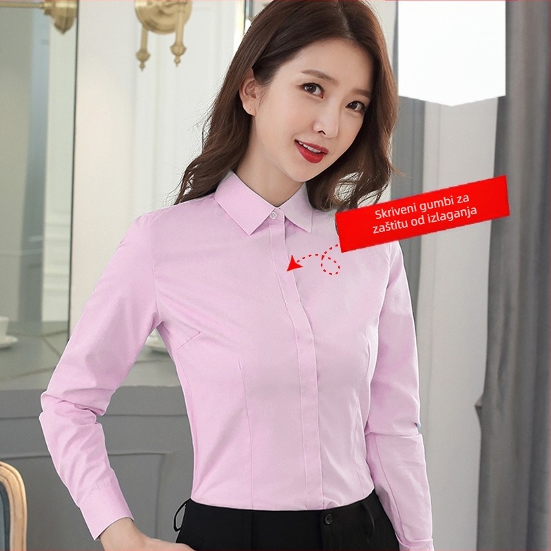 Košulja – dugi rukavi, uredski stil, pamuk-poliester smeša (30–50% pamuka, 50–70% poliester), kvadratni ovratnik, zatvaranje na jedan red kopči, standardna duljina 50–65 cm