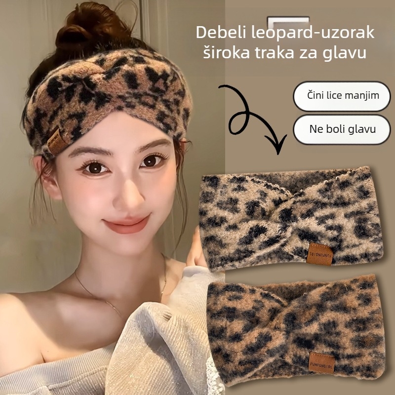 Pletena traka za čelo s leopardnim uzorkom, za pranje lica, za žene, jesen-zima, topla, široki rub