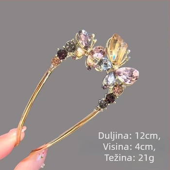 Ukosnica za kosu od legure s kristalnim leptirom, U-oblik dizajn za stražnji dio glave, ametistni kristal, elektrogalvani završetak, stil prirodan ženski, Eagle Eye, Proljeće 2025