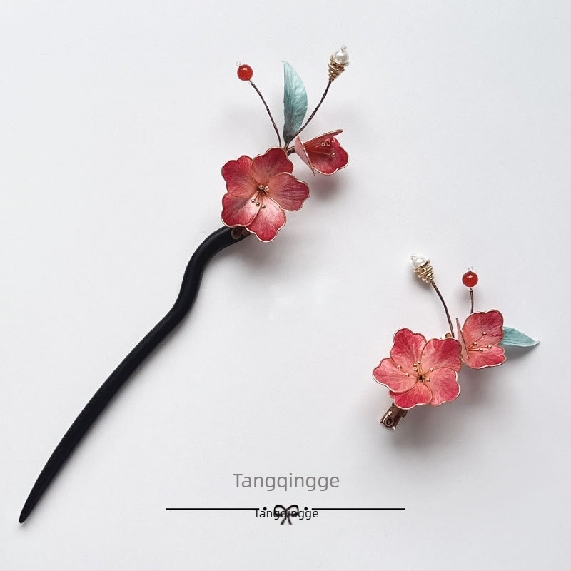 Igla za kosu od sandalwooda s filigranskom od svile i baršunastim cvijetom, drevni stil, pojedinačno pakiranje