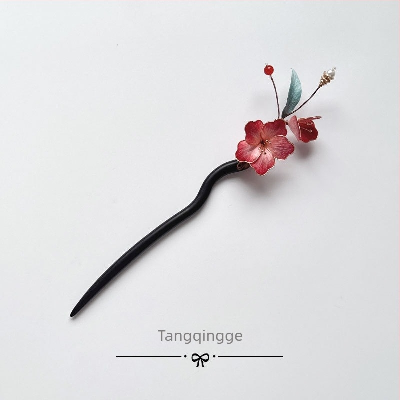 Igla za kosu od sandalwooda s filigranskom od svile i baršunastim cvijetom, drevni stil, pojedinačno pakiranje