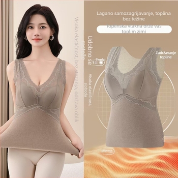 Termička vest s kašmirom i svilenom čipkom, V-izrez, široke naramenice, s ugrađenim grudnjakom i jastučićem