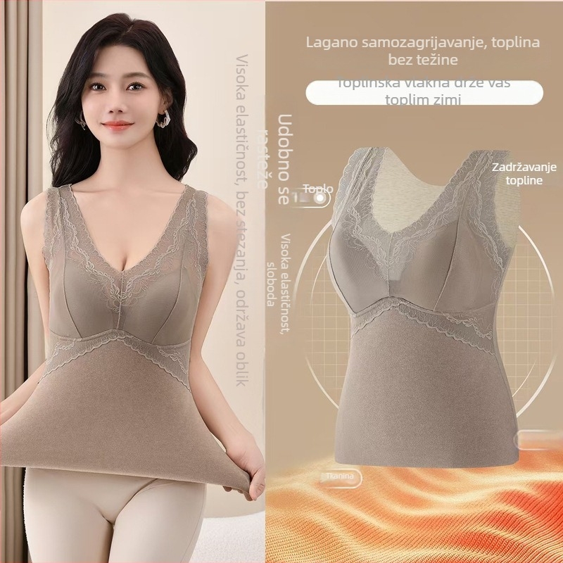 Termička vest s kašmirom i svilenom čipkom, V-izrez, široke naramenice, s ugrađenim grudnjakom i jastučićem