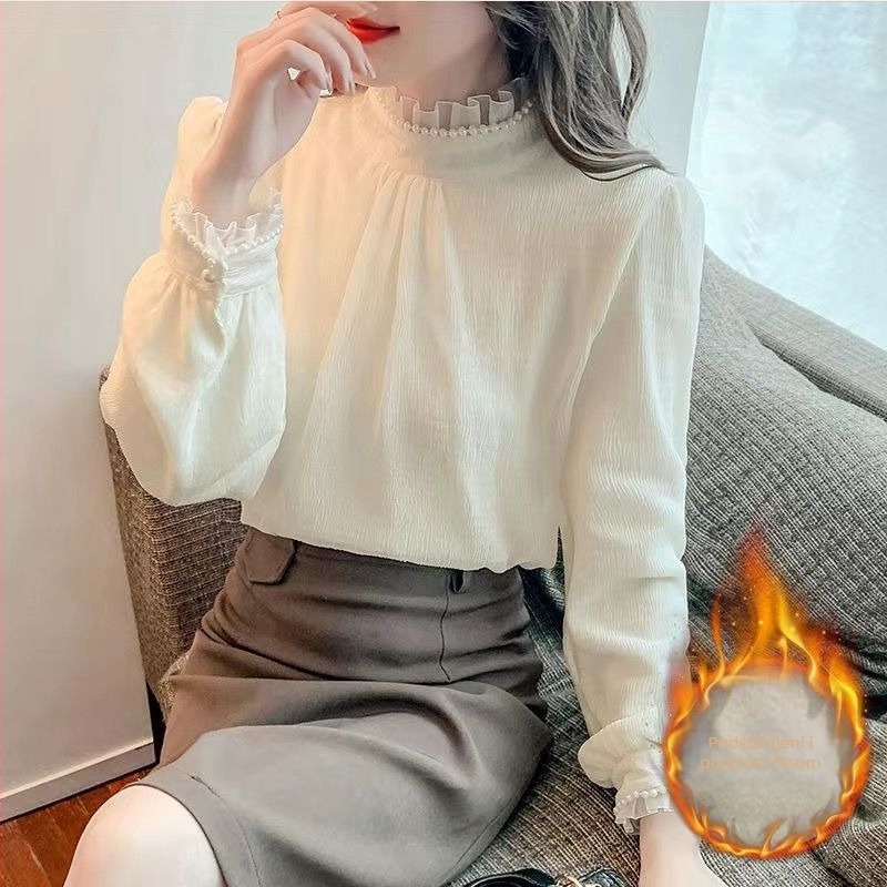 Chiffon bluza s flisa podstavom, smjesa poliestera-amonija, polu-visoki ovratnik, kratki rukavi, 3D vez