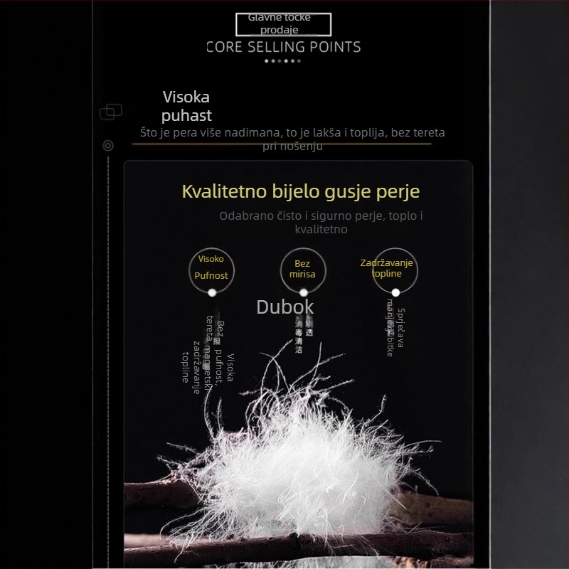 Kapuljačasta vesta od perja s kapuljom i stojećim ovratnikom, gusta poliester tkanina, punjenje 86–90% perja