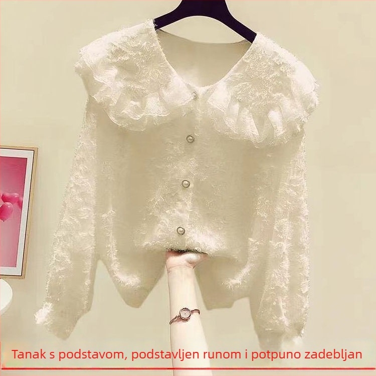 Poliesterska bluza s ovratnikom tipa Peter Pan i rukavima princeza, dugi rukavi, pulover stil, duljina 50–65 cm