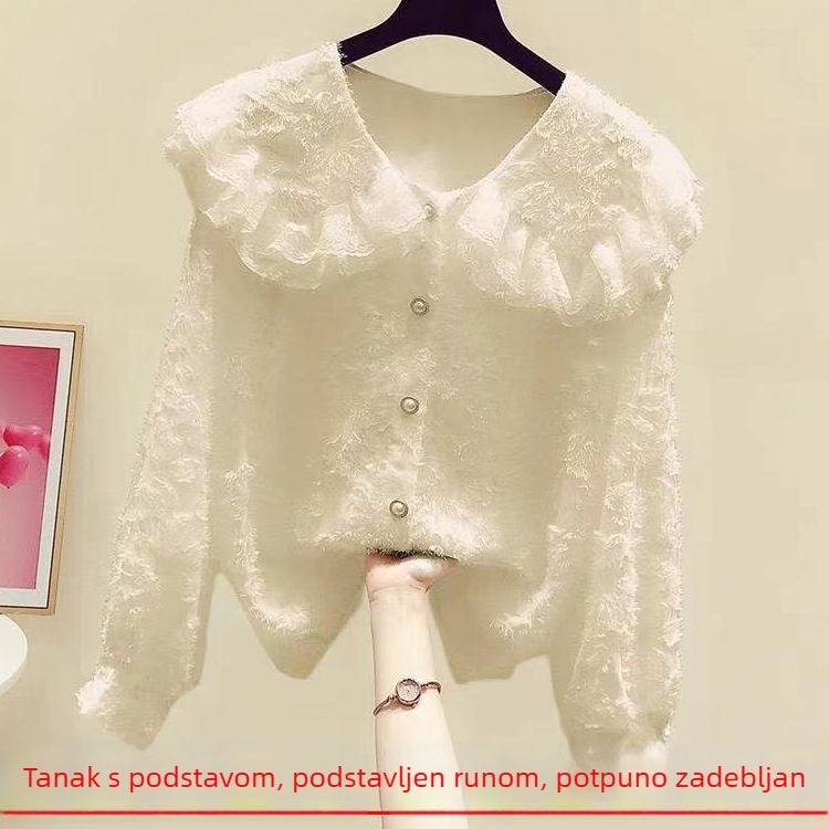 Poliesterska bluza s ovratnikom tipa Peter Pan i rukavima princeza, dugi rukavi, pulover stil, duljina 50–65 cm