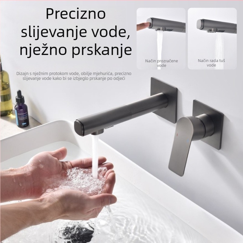 Skrivena zidna miješalica za umivaonik, bakreno tijelo, keramički kartridž, 1–90°C, model AZM-1024