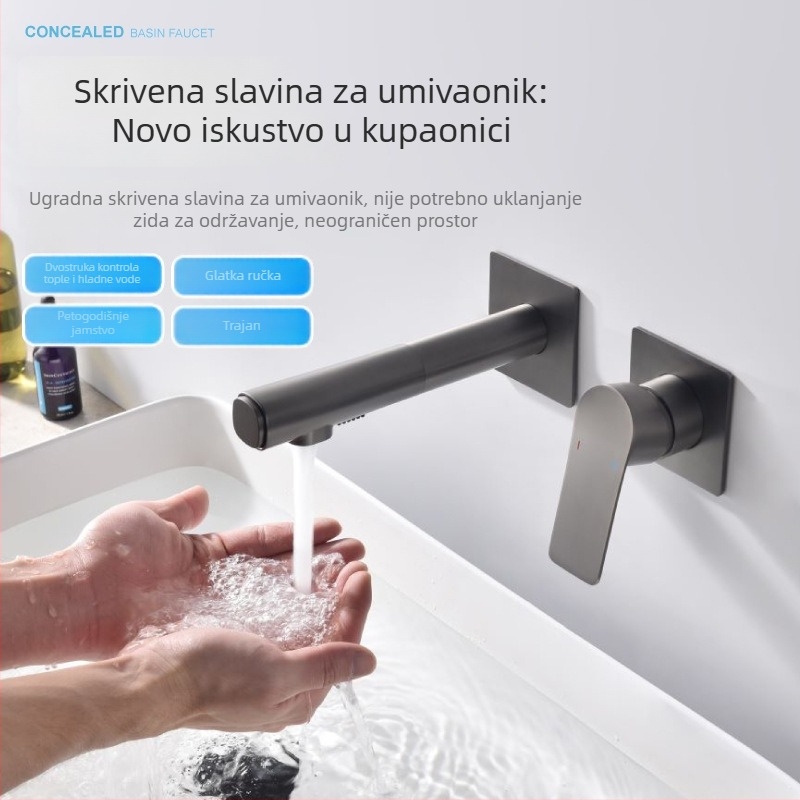 Skrivena zidna miješalica za umivaonik, bakreno tijelo, keramički kartridž, 1–90°C, model AZM-1024