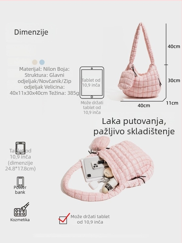 CKKUI Pleated Cloud torba — najlon, crossbody s jednim remenom, horizontalni kvadratni oblik, zatvarač, unutarnja džep sa zatvaračem