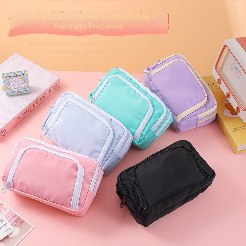 Neseser za olovke s prozorom, velik kapacitet, višeslojni dizajn, poliester, korejskog stila