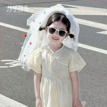Dodaci za glavu s dvostrukim slojem vela i pahuljastim kuglicama, rekvizit za fotografiranje, u korejskom princeskom stilu, sanjiv izgled, pogodan kao dar za vjenčanje ili rođendan